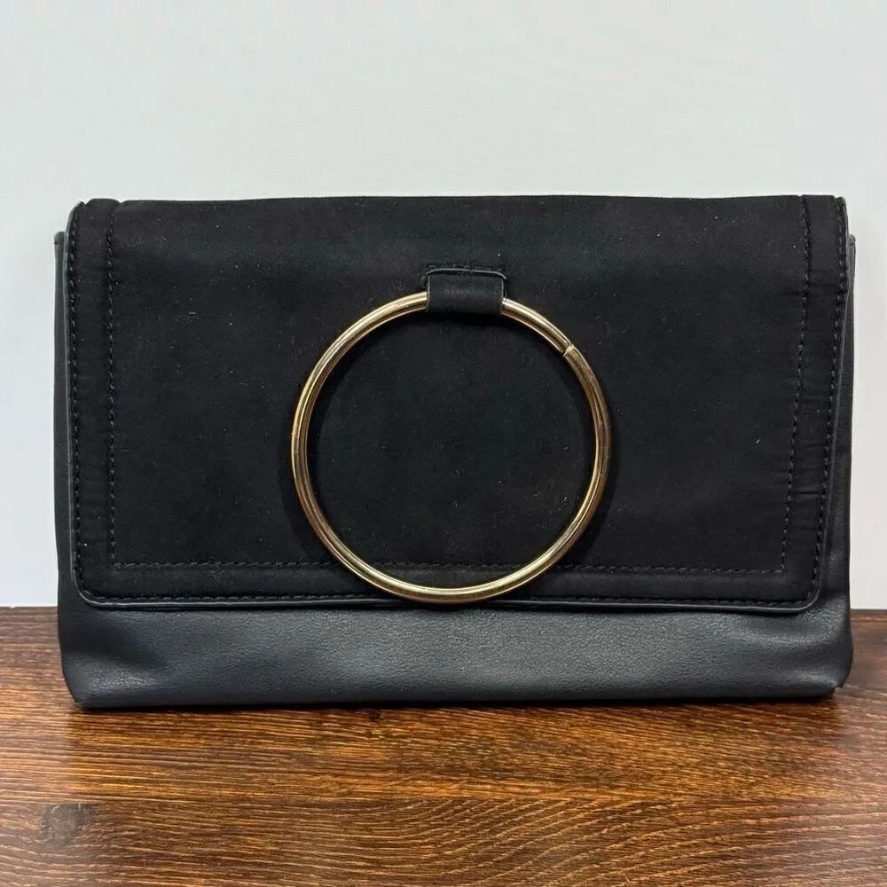 Aldo black leather suede gold metal strap Crossbody/shoulder/clutch purse 10x7”